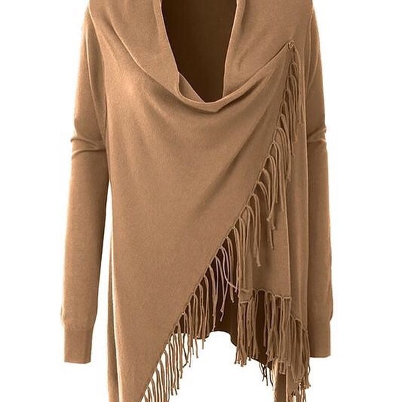 Jackets & Blazers - Fringe Taupe Wrap Cardigan